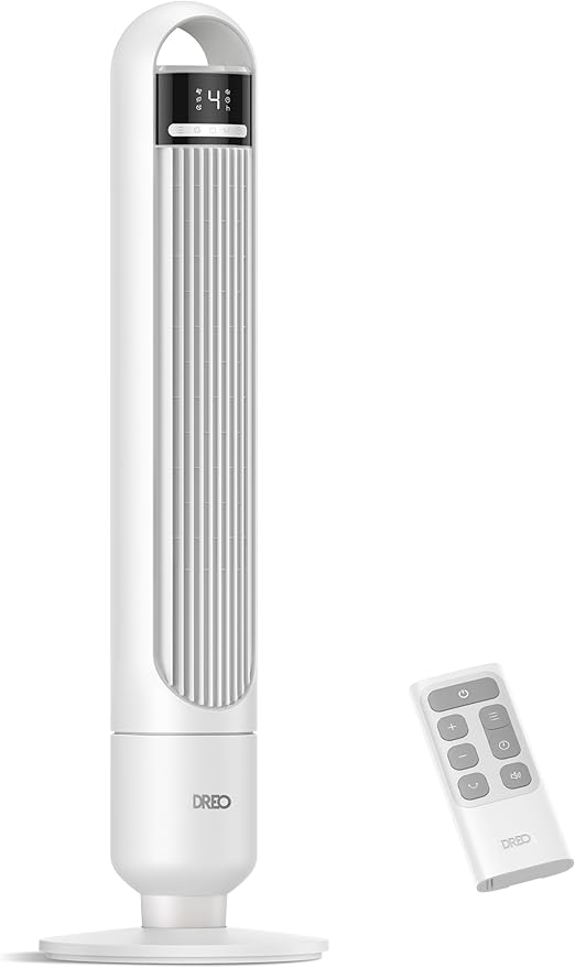 DREO Tower Fan for Bedroom, 4 Speeds, 3 Modes Standing Fans for Room with 90° wide Oscillating, 28dB Quiet for Sleep, 25ft/s Velocity, 29ft Coverage, 8H Timer, Remote, Living Room, Office, Home, White