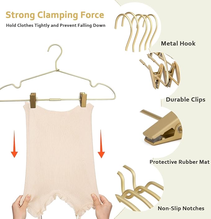 16.5" Adult Gold Metal Clips Pants Coat Clothes Hangers,30 Pack Coat Suit Closet Storage Display,Space Saving Standard Size Adult Clothing for Home Garment Clothes Shop
