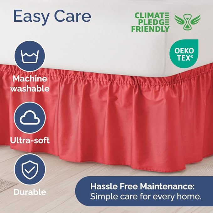 Wrap Around Dust Ruffle Bed Skirt - Red - for Queen Size Beds with 12 Inch Drop - Easy Fit Elastic Strap - Adjustable Pleated Bedskirt w/Brushed Fabric - Wrinkle Free - for Women, Men, Kids & Teens