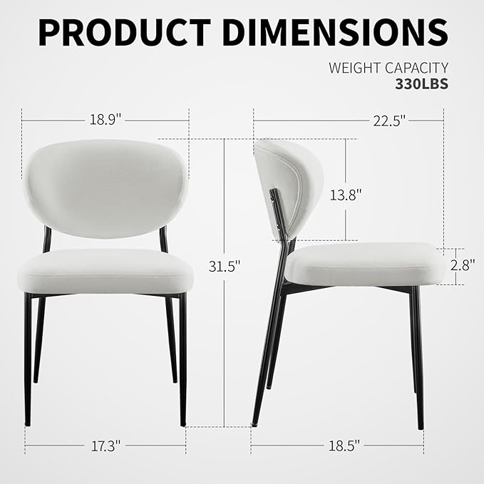 Upholstered Dining Chairs Set of 4 Modern Chenille Kitchen & Dining Room Chairs Wide Seat Filled with 58D Memory Foam Cushion Ergonomic Curved Backrest Vanity Chairs for Restaurant White