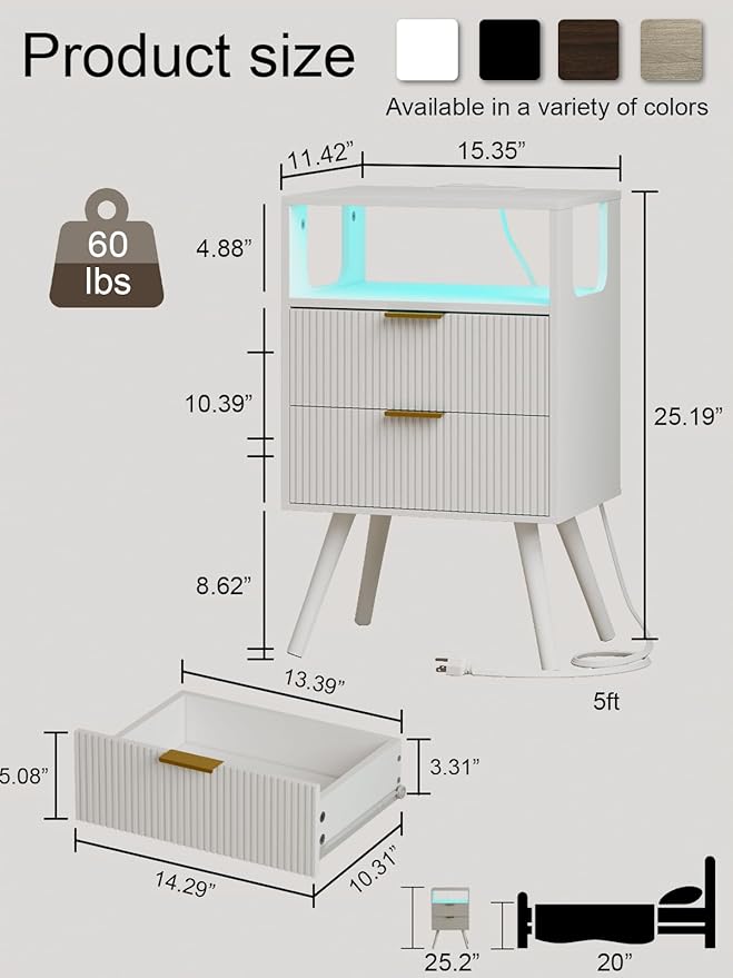 Nightstand with Charging Station and LED Lights, Modern Bedside Table with 2 Storage Drawer and Open Wood Shelf for Bedroom and Small Spaces, Night Stand with Solid Wood Legs