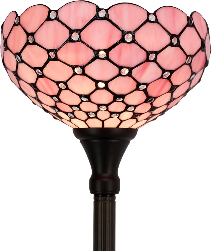 WERFACTORY Tiffany Floor Lamp Pink Stained Glass Pearl Bead Light 12X12X71 Inches Torchiere Standing Corner Torch Uplight Decor Bedroom Living Room Home Office S005P Series