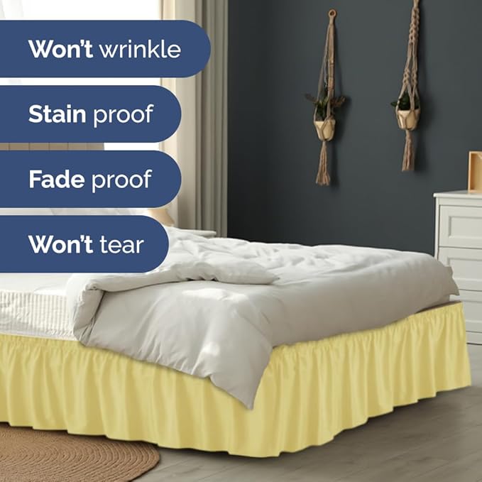 Wrap Around Dust Ruffle Bed Skirt - Yellow - for King Size Beds with 21 Inch Drop - Easy Fit Elastic Strap - Adjustable Pleated Bedskirt w/Brushed Fabric - Wrinkle Free - for Women, Men, Kids & Teens