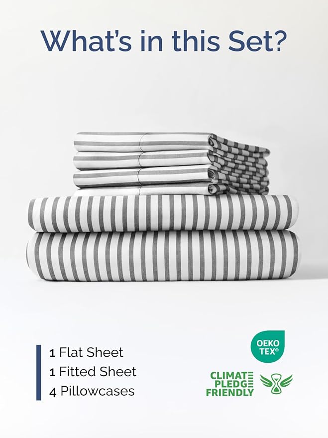 Extra Deep King Sheet Set - 6 Piece Breathable and Cooling Sheets - Hotel Luxury Bed Sheets Set - Easy Fit - Soft, Wrinkle Free and Comfy Sheets Set - Grey Striped Sheet Set with Extra Deep Pockets
