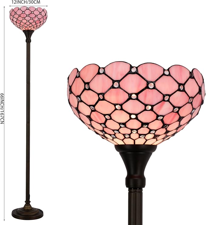 WERFACTORY Tiffany Floor Lamp Pink Stained Glass Pearl Bead Light 12X12X71 Inches Torchiere Standing Corner Torch Uplight Decor Bedroom Living Room Home Office S005P Series