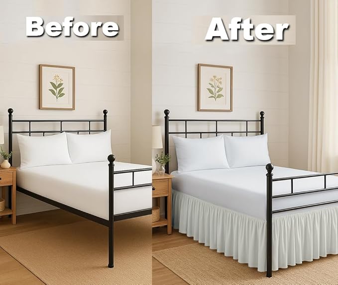 Ruffled Bed Skirt Split Corners with Platform, Tailored Fit Hotel Quality Wrinkle Free Ultra-Soft Microfiber Dust Ruffle, Upto 21 Inch Drop, Queen, Ivory