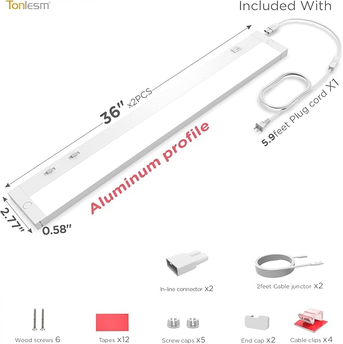 36 Inch Under Cabinet Lighting Plug in, 20W 120V 3 Color 3000K/4000K/5000K, 3 Brightness, Super Bright, Ultra Thin Under Counter Lights for Kitchen, Linkable LED Cabinet Light, White 2Pack