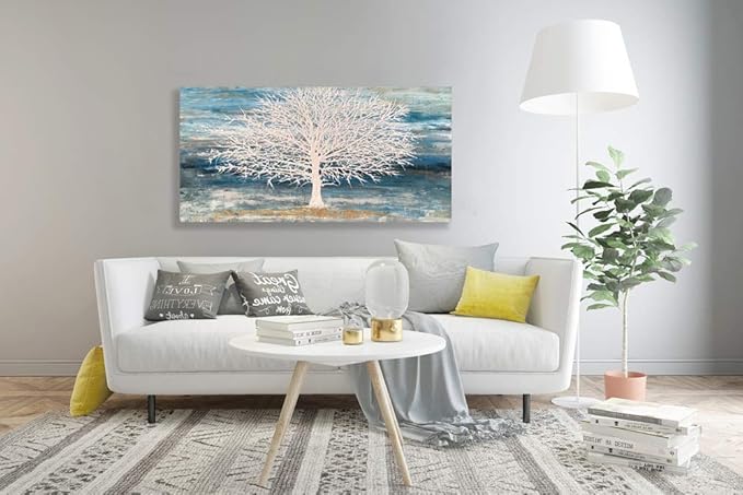 White Tree Canvas Wall Art Large Teal Blue Decor Textured Painting Print with Gold Foil Framed Artwork for Living Room Bedroom(24W*48L