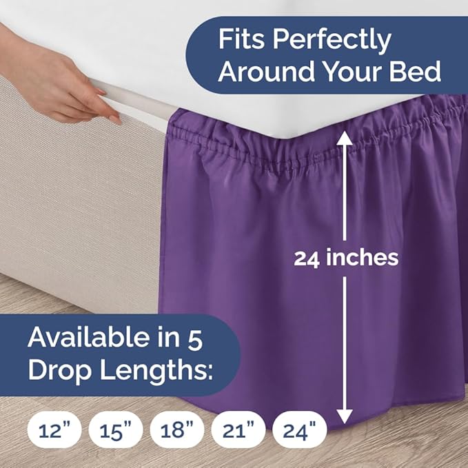Wrap Around Dust Ruffle Bed Skirt - Purple - for Queen Size Beds with 24 Inch Drop - Easy Fit Elastic Strap - Adjustable Pleated Bedskirt w/Brushed Fabric Wrinkle Free - for Women, Men, Kids & Teens
