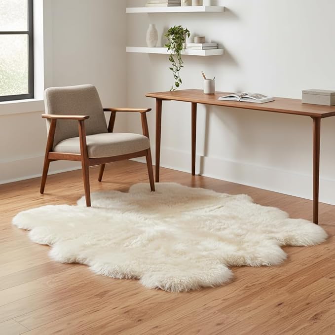 Super Area Rugs Premium Genuine Sheepskin Rug 5' x 6' Long Fur Soft & Natural Shaggy Living Room Rug, Champagne Cream, Six Pelt