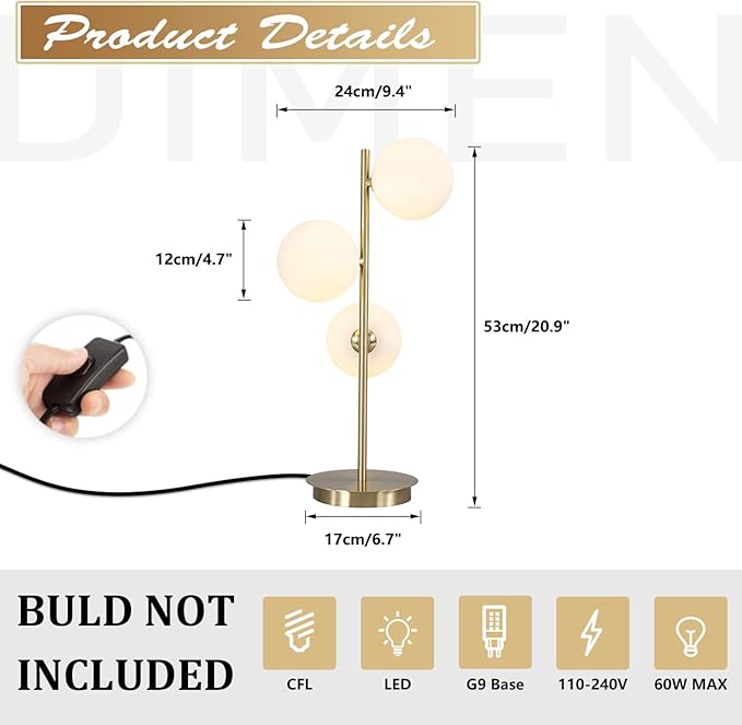 Modern Glass Globe Table Lamp 3 Lights Mid Century Small Gold Desk Lamp Contemporary Minimalist Brass Bedside Table Lamps with White Glass Shade Reading Lamp for Bedroom Office G9 MTL03-W
