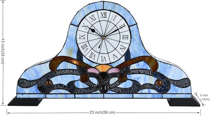 Bieye L10661 Baroque Desk Clock Tiffany Style Stained Glass Accent Table Lamp for Living Room Bedside Home Decoration, Night Light with Quartz Watch Inside (Blue)