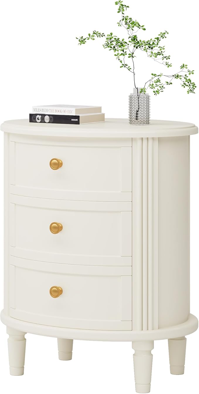 Tribesigns Nightstand with 3 Drawers, Oval Bed Side Table for Bedroom, Fully Assembled, Farmhouse Night Stand with Storage, Wooden Side End Table with Solid Wood Legs for Living Room, Beige White