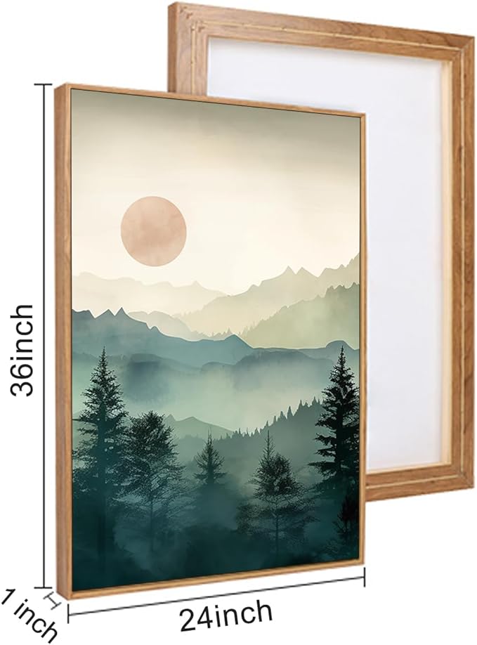 LHIUEM Large Boho Mountain Framed Wall Art Set,Green Foggy Forest Wall Painting,Abstract Nature Sunrise Artwork,Watercolor Pine Tree Wall Decor for Living Room,Bedroom,Office-24''x36''x3