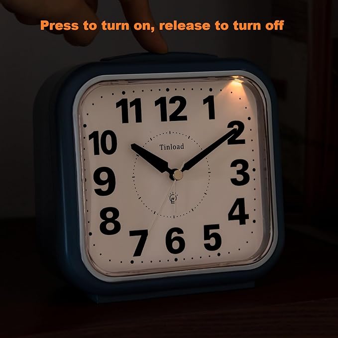 5.5" Large No Ticking Analog Alarm Clock,Silent Readable for Seniors,Easy to Set,Gradual Rise Alarm,Big Numbers,Gentle Wake,Snooze, Lighted on Demand,Battery Operated,Blue