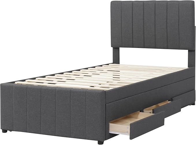 Twin Size Bed Frame with Trundle Bed and Storage Drawers,Linen Upholstered Bed Frame,Twin Size Trundle Bed with Adjustable Headboard,Upholstered Platform Bed Twin for Kids Teens Adults,Gray