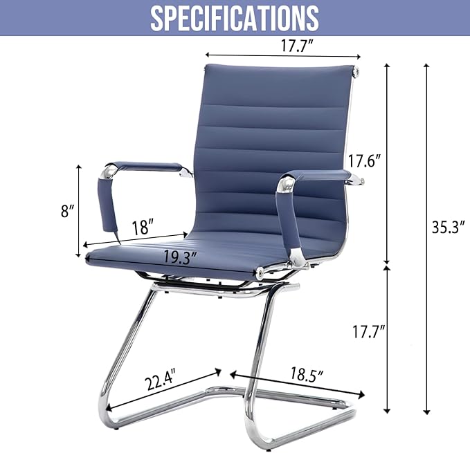 Wahson Office Guest Chairs Set of 4, Leather Reception Chairs, Mid Back Waiting Room Chair, Conference Chairs with Sled Base, Desk Chair No Wheels for Meeting/Lobby/Restroom, Navy Blue