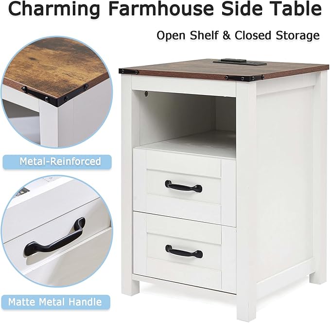 Puntogen White Night Stand Set of 2, Rustic End Table with Charging Station, Farmhouse Tall Nightstand for Bedroom, Drawer Dresser Bedside Table with Open Storage Shelf