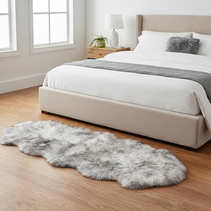 Premium Genuine Sheepskin Rug 2' x 6' Long Fur Soft & Natural Bedside Area Rug, Wolf Tip Brown, Double Pelt