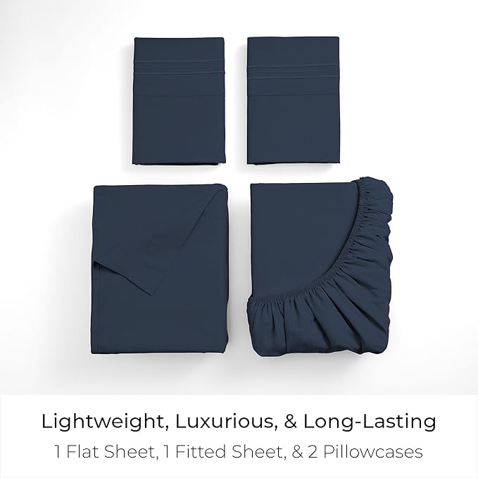 Mellanni Twin Sheet Set - 4-Piece Iconic Collection Bedding, (Including 2 Pillowcases), 16-Inch Deep Pocket, Easy Care, Extra Soft, Cooling Sheets, Brushed Microfiber - Navy Blue