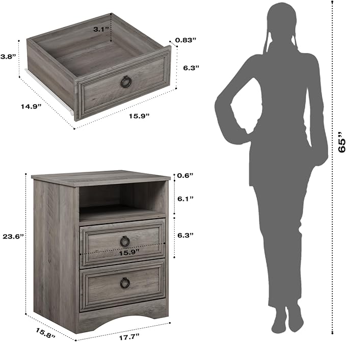 Set of 2 Nightstand with 2 Drawers, 18"W Night Stand with Drawers for Bedroom, Large Accent Bed Side Table and End Table with Open Compartment-Easy Pull Handle, Textured Border for Living Room,Gray