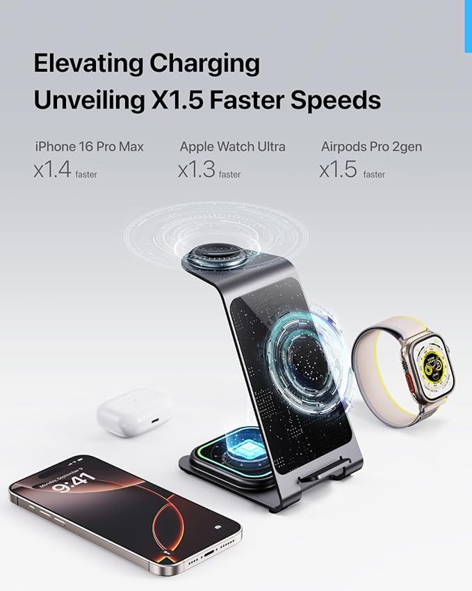 Intoval Aluminum 3 in 1 Wireless Charging Station for iPhone 17 16 15 14 13 12 11 Pro Max XR, Wireless Charger for Apple Watch 11 10 9 8 7 Ultra SE 3 2, Phone Charger for AirPods 4 Pro 2 3 (Grey)