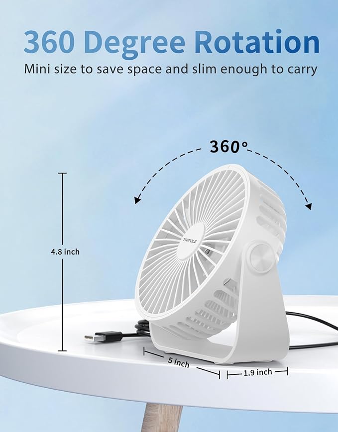 TriPole USB Desk Fan Portable Mini Fan Powerful 3 Speeds Wind Personal Desktop Fan with 360° Head Rotation for Home Office Car Indoor Outdoor White, No Battery, 4.5 Inches