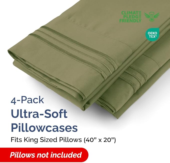 King Pillow Cases Set of 4 - Ultra Soft Hotel Quality Pillowcase Covers - Comfy, Cozy & Wrinkle Free - Shrinkage, Stain & Fade Resistant - Machine Washable Pillow Protectors - 4 Piece Set - Sage Green
