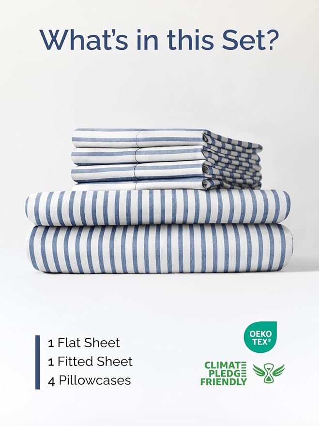 Extra Deep Cal King Sheet Set - 6 Piece Breathable & Cooling Sheets - Hotel Luxury Bed Sheets Set - Easy Fit - Soft, Wrinkle Free & Comfy Sheets Set - Blue Striped Sheet Set with Extra Deep Pockets