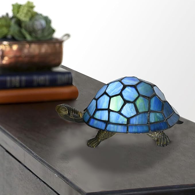A0020 Turtle Tiffany Style Accent Table Lamp Handmade Stained Glass Animal Night Light for Bedside Livingroom Bedroom Home Decoration (Blue Turtle)
