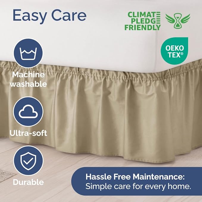 Wrap Around Dust Ruffle Bed Skirt - Beige - for King Size Beds w/ 16 Inch Drop - Easy Fit Elastic Strap - Adjustable Pleated Bedskirt w/Brushed Fabric, Wrinkle & Fade Free Women, Men, Kids & Teens