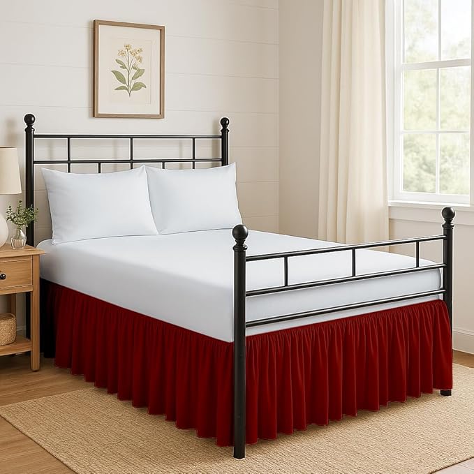 Ruffled Bed Skirt Split Corners with Platform, Tailored Fit Hotel Quality Wrinkle Free Ultra-Soft Microfiber Dust Ruffle, Upto 18 Inch Drop, Queen, Burgundy