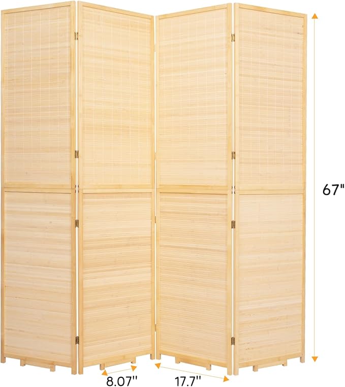 Bamboo Room Divider Folding Privacy Screens, Wall Divider for Room Separation, Portable Room Partitions and Dividers, 5.6FT Bamboo Mesh Woven Room Divider Panel (Beige, 4 Panel)
