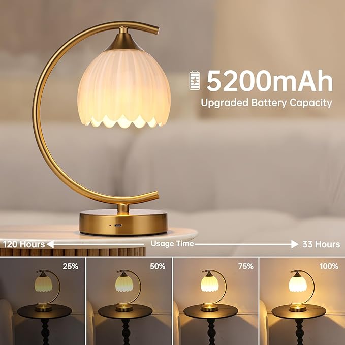 Tulip Table Lamp with 5200mAh Battery & Touch Control, Cordless Lamp with 3 Color Temperatures Clear Bulb, Rechargeable Small Table Lamps for Living Room, Bedside, Nightstand (White Tulip)