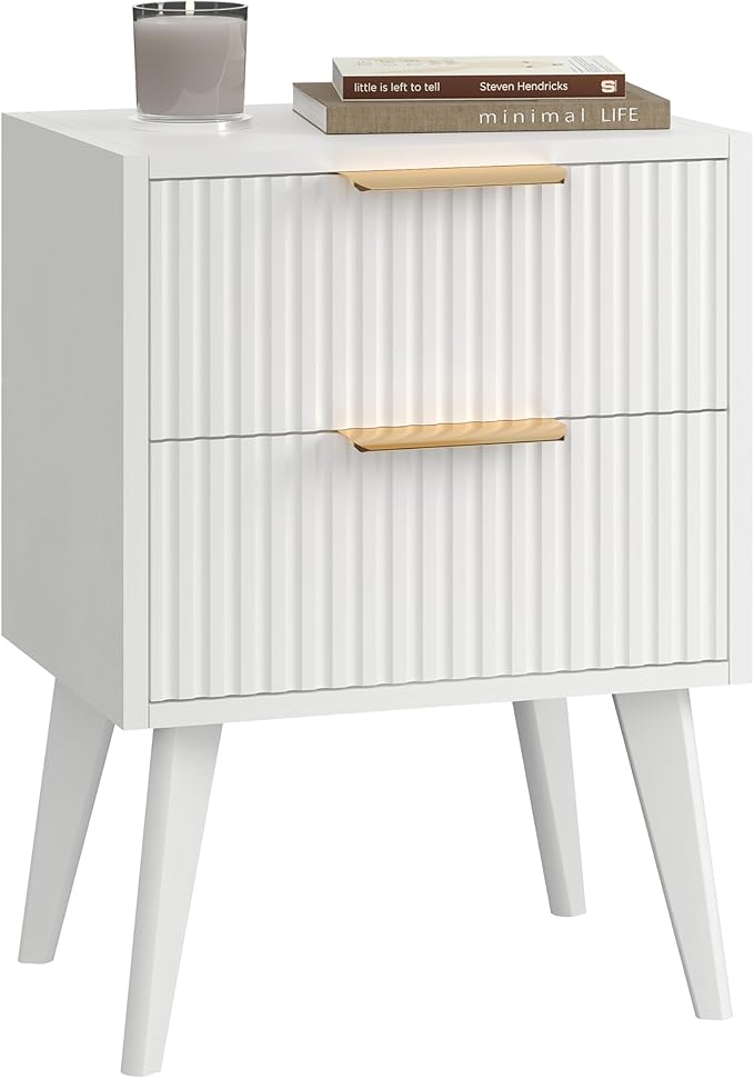 YAUKOMEL Fluted Nightstand with 2 Drawers,Modern Bedside Table with Metal Handles,Side Table with Solid Wood Legs,End Table for Living Room,Bedroom,Small Spcae 11.8" D x 16" W x 22.4" H White CTG55W