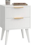 YAUKOMEL Fluted Nightstand with 2 Drawers,Modern Bedside Table with Metal Handles,Side Table with Solid Wood Legs,End Table for Living Room,Bedroom,Small Spcae 11.8" D x 16" W x 22.4" H White CTG55W