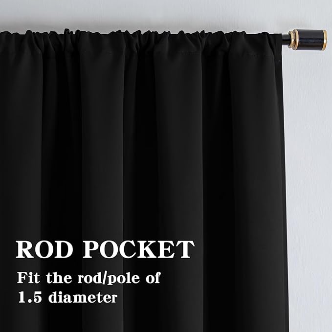 Blackout Curtains 96 Inches Long 2 Panels Set, Black Curtains Thermal Insulated Room Darkening Drapes for Bedroom, Rod Pocket Light Blocking Drapes Living Room Windows(52W × 96L, Black)