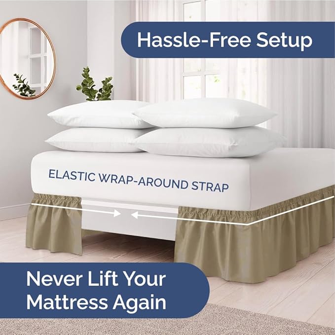 Wrap Around Dust Ruffle Bed Skirt - Khaki - for Queen Size Beds w/ 12 Inch Drop - Easy Fit Elastic Strap - Adjustable Pleated Bedskirt w/Brushed Fabric - Wrinkle Free - for Women, Men, Kids & Teens