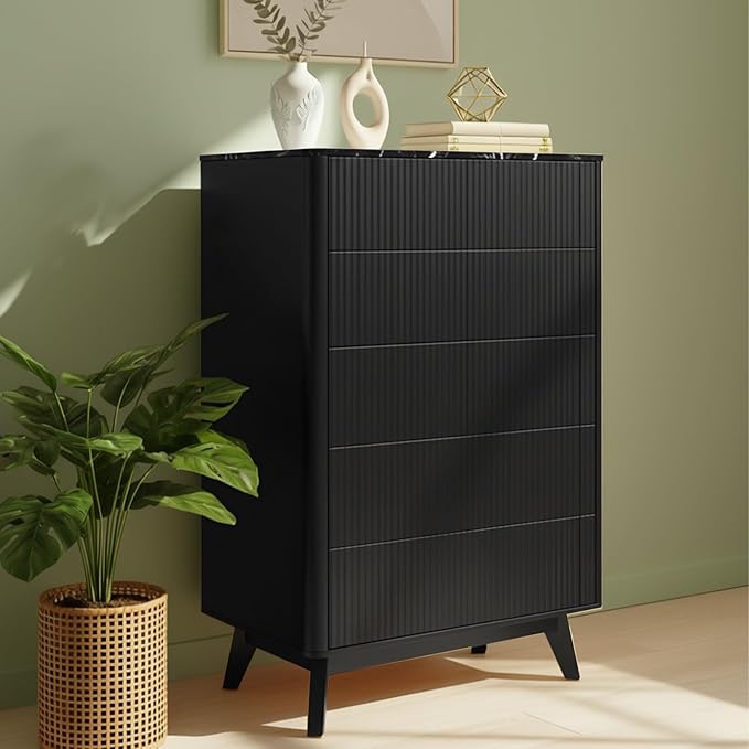 Fluted 5 Drawers Dresser for Bedroom, 47" Tall Handleless Chest of Drawers with Faux Marble Top, Curved Profile Design, Wood Drawer Organizerfor forLiving Room, Hallway, Entryway, Black