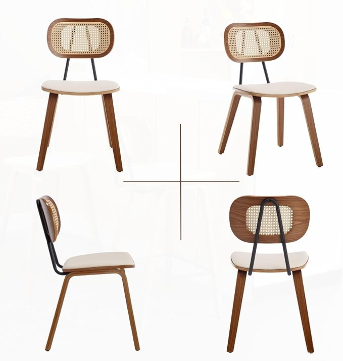 HEAH-YO Modern Dining Chairs Set of 6, Upholstered Faux Leather Dining Room Chairs with Rattan Backrest and Wood Legs, Armless Kitchen Chairs for Dining Room, Beige