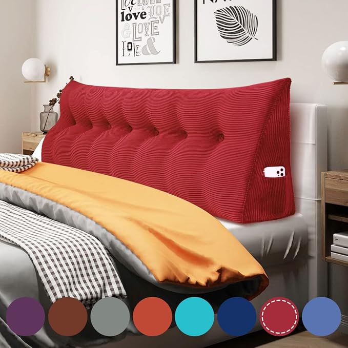 WOWMAX 100% Cotton Corduroy Headboard Pillow – King Size Back Support Reading Wedge for Bed & Daybed, Plush Handmade Bolster Cushion with Removable Cover, Cozy Bed Rest Pillow, Red