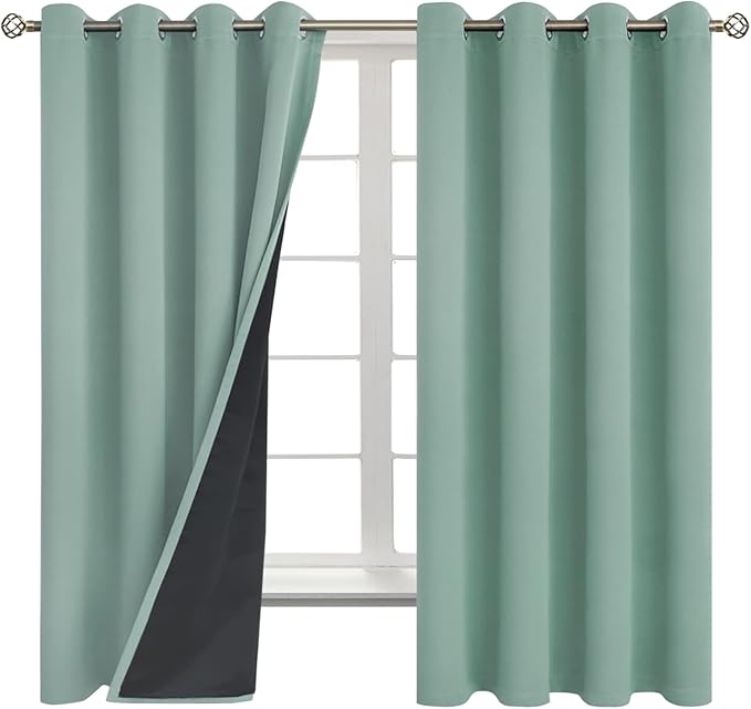 BGment Thermal Insulated 100% Blackout Curtains for Bedroom with Black Liner, Double Layer Full Room Darkening Noise Reducing Grommet Curtain (52 x 63 Inch, Frosty Green, 2 Panels)