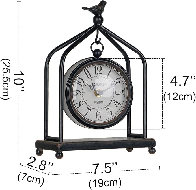 SOFFEE DESIGN 7.5'' x 10'' Mantel Clock Iron Tower Frame, Creative Bird Ornament Tabletop Clock, Silent Clock with Hollow Carved Back Cover for Home Decor, Black