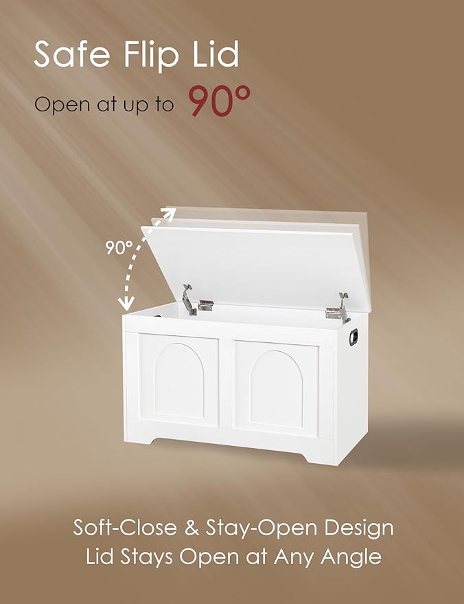 DINZI LVJ Storage Chest, 31.5”Wooden Toy Box with 2 Safety Hinges, Entryway Storage Bench with Flip-Top, Sturdy Storage Trunk for Living Room, Bedroom, Easy Assembly, White