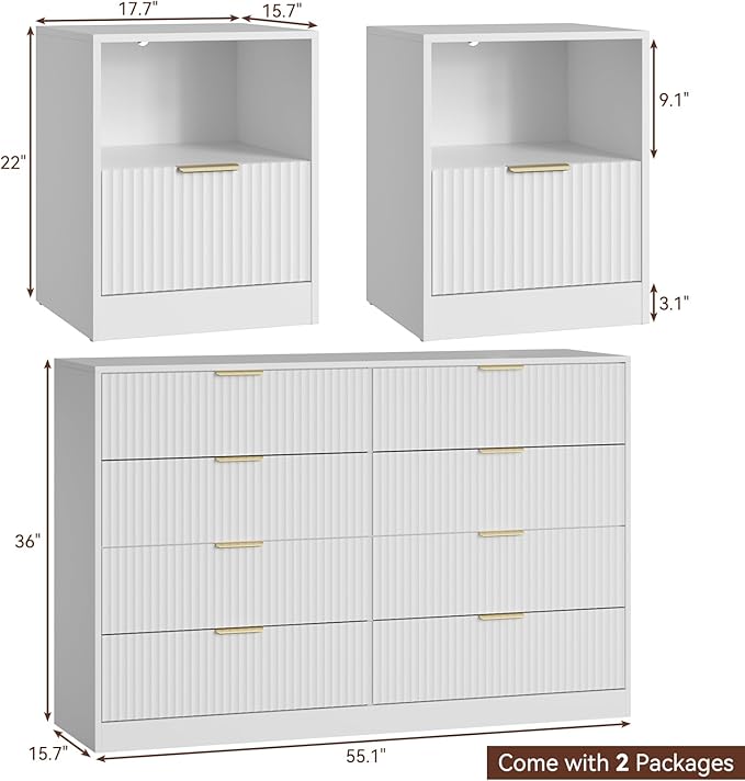 8 Drawer Dresser & Nightstand Set 3-Piece, 55” Wide Bedroom Set Night Stand Set of 2 with Metal Handle, Fluted Modern Wood Chest of Drawers Storage Dressers Set for Bedroom, White