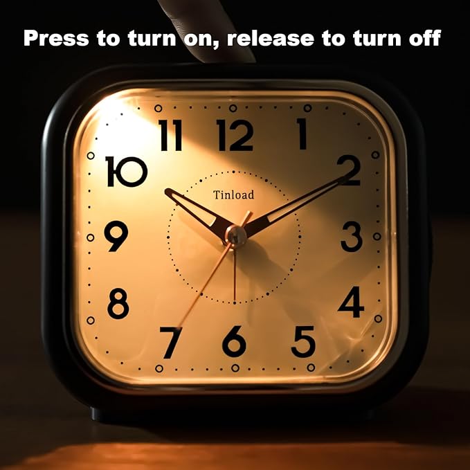 4.5" Vintage Retro Analog Alarm Clock, Super Silent Non Ticking Clock with Manual Light, Snooze, Battery Operated, Simply Design, for Living Room, Bedroom, Bedside, Desk(Black)