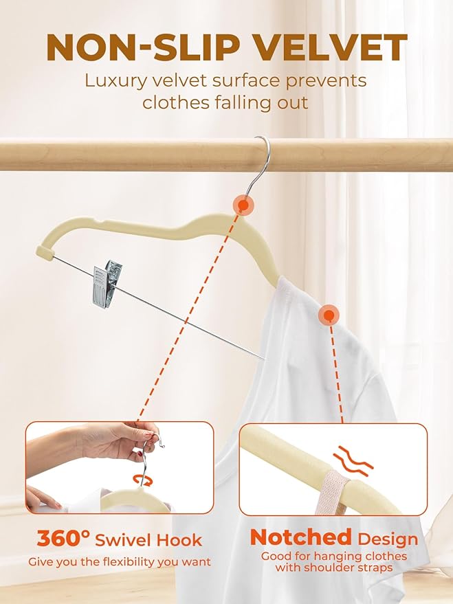 HOUSE DAY Velvet Skirt Hangers 36 Pack, Beige Velvet Pant Hangers with Adjustable Clips, Space Saving Slim Shorts Hanger, Heavy Duty Non Slip Clip Hanger for Pants, Skirts, Shorts