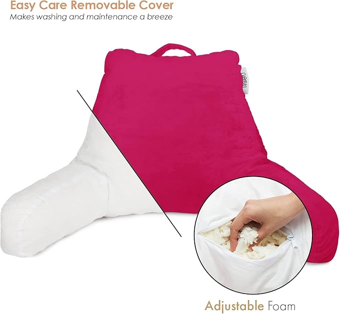 Nestl Reading Pillow with Shredded Memory Foam, Designed for Sitting Up in Bed and Couch, Back and Arms Adjustable Support for Adult & Teens Backrest Pillows for Reading, with Washable Cover Hot Pink