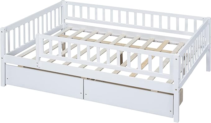 Bellemave Full Size Bed Frames with Rails for Kids, Full daybed Frame with Drawers for Boys/Girls/Adults， White