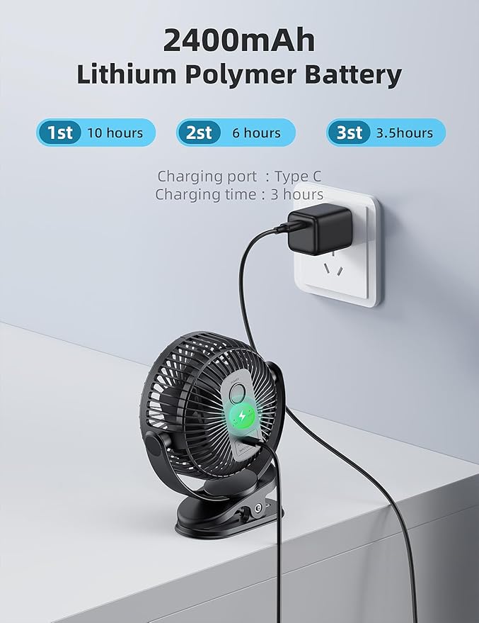 Svinkal USB Portable Clip on Fan, 2400mAh Battery Type-C 6in, 3 Speed 720° Tilting Head, Black Personal Rechargeable Fan for Desk, Bedside, Golf Cart, Baby Stroller, Indoor & Outdoor Use